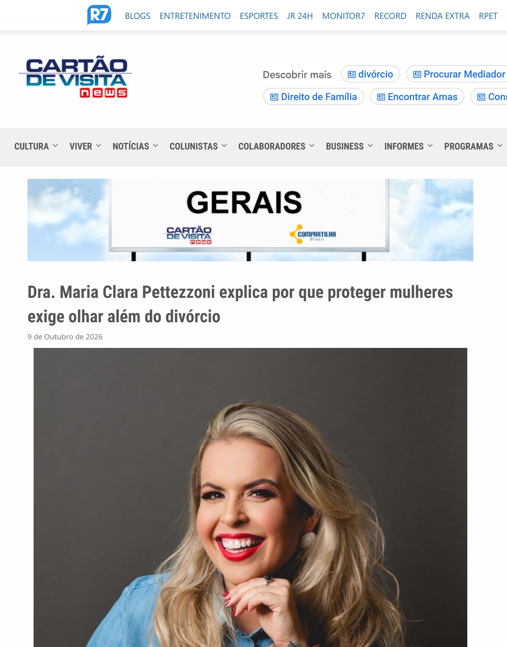 A matéria como foi publicada no site do Cartão de Visita, do R7